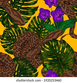 Beautiful seamless pattern with python and tropical leaves. Beautiful allover print with hand drawn exotic plants and snake. Swimwear botanical design. Vector	