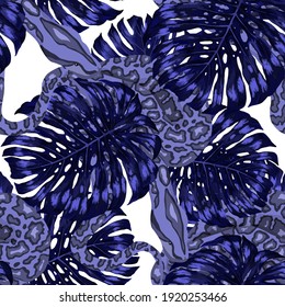 Beautiful seamless pattern with python and tropical leaves. Beautiful allover print with hand drawn exotic plants and snake. Swimwear botanical design. Vector	