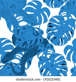 Beautiful seamless pattern with python and tropical leaves. Beautiful allover print with hand drawn exotic plants and snake. Swimwear botanical design. Vector	