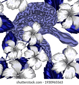 Beautiful seamless pattern with python and tropical leaves. Beautiful allover print with hand drawn exotic plants and snake. Swimwear botanical design. Vector	