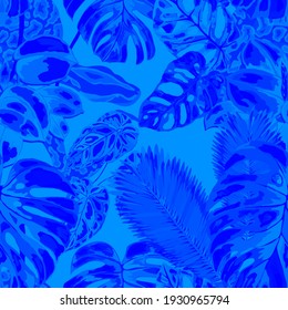 Beautiful seamless pattern with python and tropical leaves. Beautiful allover print with hand drawn exotic plants and snake. Swimwear botanical design. Vector	
