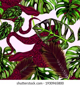 Beautiful seamless pattern with python and tropical leaves. Beautiful allover print with hand drawn exotic plants and snake. Swimwear botanical design. Vector	