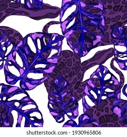 Beautiful seamless pattern with python and tropical leaves. Beautiful allover print with hand drawn exotic plants and snake. Swimwear botanical design. Vector	