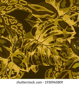 Beautiful seamless pattern with python and tropical leaves. Beautiful allover print with hand drawn exotic plants and snake. Swimwear botanical design. Vector	