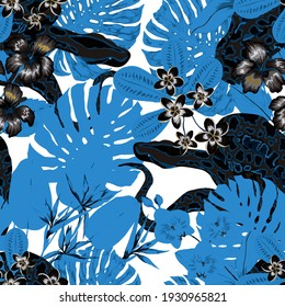 Beautiful seamless pattern with python and tropical leaves. Beautiful allover print with hand drawn exotic plants and snake. Swimwear botanical design. Vector	