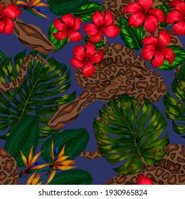 Beautiful seamless pattern with python and tropical leaves. Beautiful allover print with hand drawn exotic plants and snake. Swimwear botanical design. Vector	