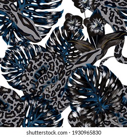 Beautiful seamless pattern with python and tropical leaves. Beautiful allover print with hand drawn exotic plants and snake. Swimwear botanical design. Vector	