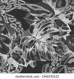 Beautiful seamless pattern with python and tropical leaves. Beautiful allover print with hand drawn exotic plants and snake. Swimwear botanical design. Vector	