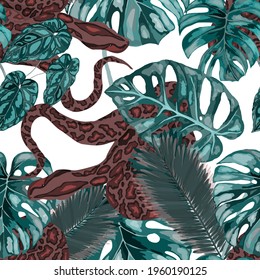 Beautiful seamless pattern with python and tropical leaves. Beautiful allover print with hand drawn exotic plants and snake. Swimwear botanical design. Vector	