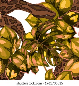 Beautiful seamless pattern with python and tropical leaves. Beautiful allover print with hand drawn exotic plants and snake. Swimwear botanical design. Vector	