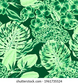 Beautiful seamless pattern with python and tropical leaves. Beautiful allover print with hand drawn exotic plants and snake. Swimwear botanical design. Vector	