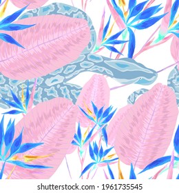Beautiful seamless pattern with python and tropical leaves. Beautiful allover print with hand drawn exotic plants and snake. Swimwear botanical design. Vector	
