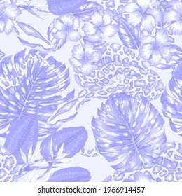 Beautiful seamless pattern with python and tropical leaves. Beautiful allover print with hand drawn exotic plants and snake. Swimwear botanical design. Vector	