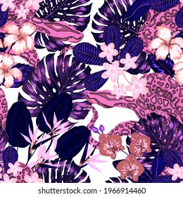 Beautiful seamless pattern with python and tropical leaves. Beautiful allover print with hand drawn exotic plants and snake. Swimwear botanical design. Vector	