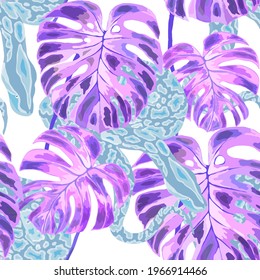 Beautiful seamless pattern with python and tropical leaves. Beautiful allover print with hand drawn exotic plants and snake. Swimwear botanical design. Vector	