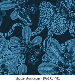 Beautiful seamless pattern with python and tropical leaves. Beautiful allover print with hand drawn exotic plants and snake. Swimwear botanical design. Vector	