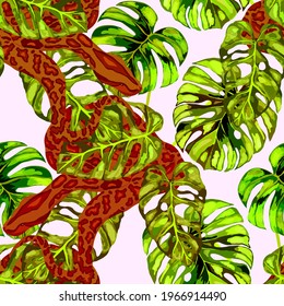 Beautiful seamless pattern with python and tropical leaves. Beautiful allover print with hand drawn exotic plants and snake. Swimwear botanical design. Vector	