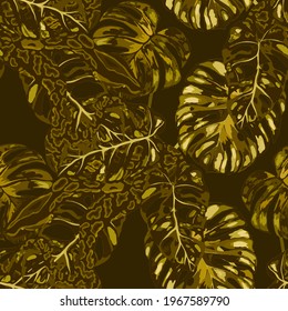 Beautiful seamless pattern with python and tropical leaves. Beautiful allover print with hand drawn exotic plants and snake. Swimwear botanical design. Vector	