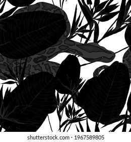 Beautiful seamless pattern with python and tropical leaves. Beautiful allover print with hand drawn exotic plants and snake. Swimwear botanical design. Vector	