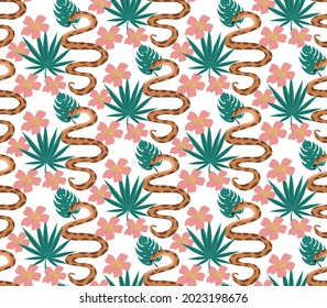 Beautiful seamless pattern with python and tropical leaves. flowers print with hand drawn exotic plants and snake. Vector illustration