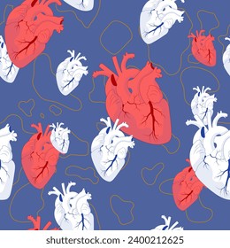 Beautiful seamless pattern of realistic white and red hearts on blue background with abstract lines. Hand drawn illustration for original St Valentine's Day, cardiology materials or clinic decor.