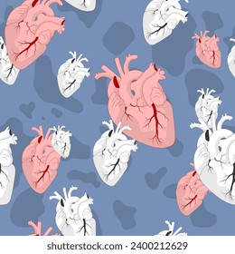 Hermoso patrón impecable de corazones blancos y rosados realistas sobre fondo azul con sombras. Dibujo a mano para el Día de San Valentín original, materiales de cardiología o decoración clínica.