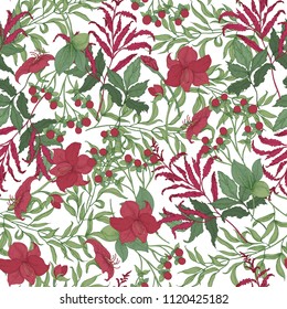 Beautiful seamless pattern with beautiful red blooming garden flowers, berries and leaves on white background. Elegant floral backdrop. Botanical vector illustration for wrapping paper, fabric print.