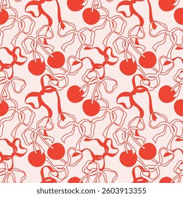 Beautiful seamless pattern with red cherries and bows. Background print