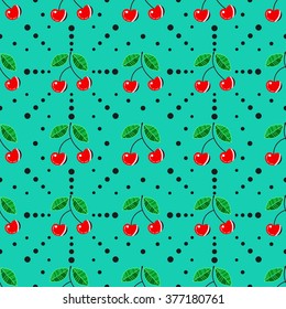Beautiful  seamless pattern with red cherry on a white background. Vector illustration of sweet ripe berries, fabric fruit design. Wild Cherry. Food wallpaper. 