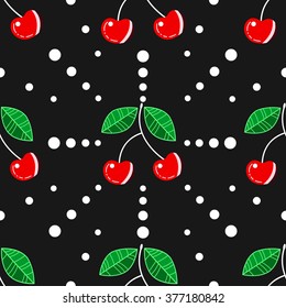 Beautiful  seamless pattern with red cherry on a white background. Vector illustration of sweet ripe berries, fabric fruit design. Wild Cherry. Food wallpaper. 