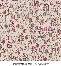 Beautiful seamless pattern with red and colorful berries. Winter and autumn floral pattern. Branches on a off white background. Vector illustration