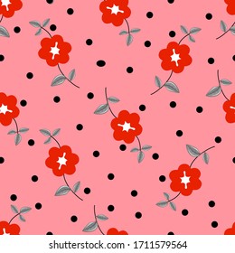 beautiful seamless pattern with red flower and black dots on pink background