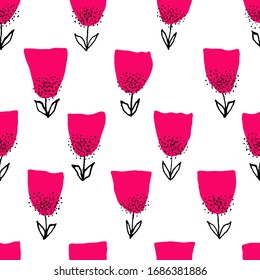 Beautiful seamless pattern with red flowers. Tulips isolated on white background. Floral print. Design for textile, fabric. wallpaper, tile. Vector illustration.