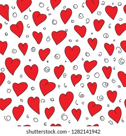Beautiful seamless pattern with red hearts and small drawing. Background romantic design. Design elements for Valentine's day.

