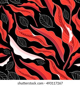 Beautiful Seamless pattern of red leaves on a black background for design