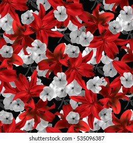  Beautiful seamless pattern with red lilies and white phlox on black background. Vector illustration.