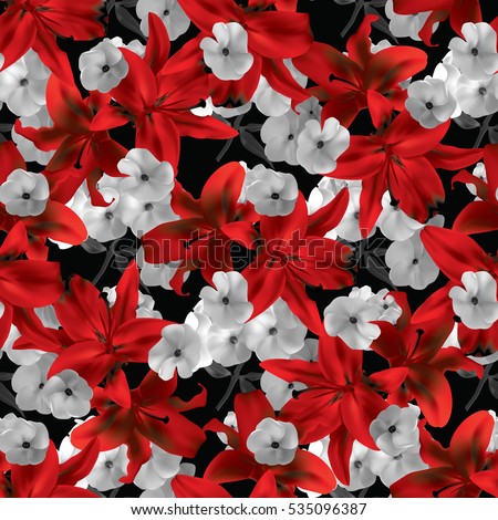  Beautiful seamless pattern with red lilies and white phlox on black background. Vector illustration.