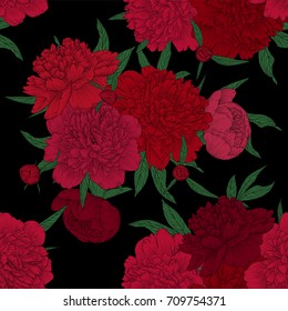 beautiful seamless pattern red, pink peonies with green leaves and buds. Hand drawn contour lines. design greeting card and invitation of the wedding, birthday, Valentine s Day, mother s day, holiday