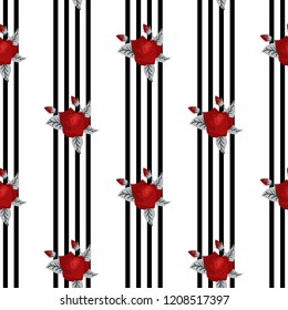 beautiful seamless pattern of red roses on striped black and white background. design greeting card and invitation of the wedding, birthday, Valentine s Day, mother s day and other holiday, eps10