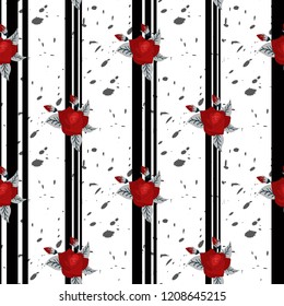 beautiful seamless pattern of red roses on striped black and white background. design greeting card and invitation of the wedding, birthday, Valentine s Day, mother s day and other holiday,