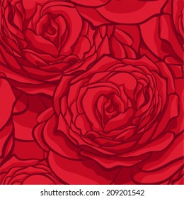 beautiful seamless pattern in red roses with contours. Hand-drawn contour lines and strokes. Perfect for background greeting cards and invitations to the day of the wedding, birthday, Valentine's Day
