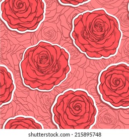 beautiful seamless pattern in red roses with contours. Hand-drawn contour lines and strokes. Perfect for background greeting cards and invitations to the day of the wedding, birthday, Valentine's Day 