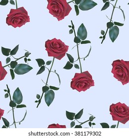 Hermoso patrón sin fisuras con rosas rojas sobre fondo azul. Ilustración vectorial.