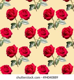 Beautiful seamless pattern with red roses on yellow background.Vector illustration.