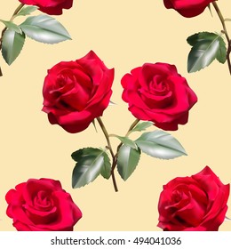 Beautiful seamless pattern with red roses on yellow background.Vector illustration.