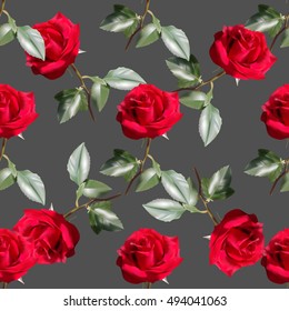Beautiful seamless pattern with red roses on dark gray background.Vector illustration.