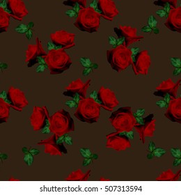 Beautiful seamless pattern with red roses with green leaves on brown background. Vector illustration.