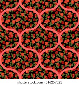 Beautiful seamless pattern with red roses, arabic ornament, background. Vector illustration.