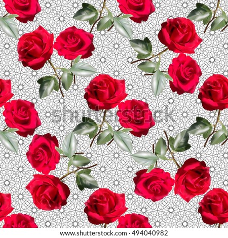 Beautiful seamless pattern with red roses with leaves on abstract lacy background. Vector illustration.
 

