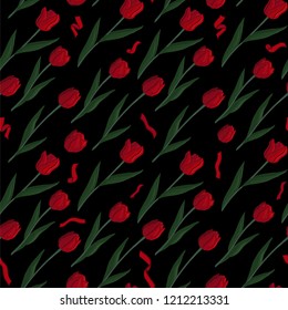 Beautiful seamless pattern with red tulips and ribbons on black background